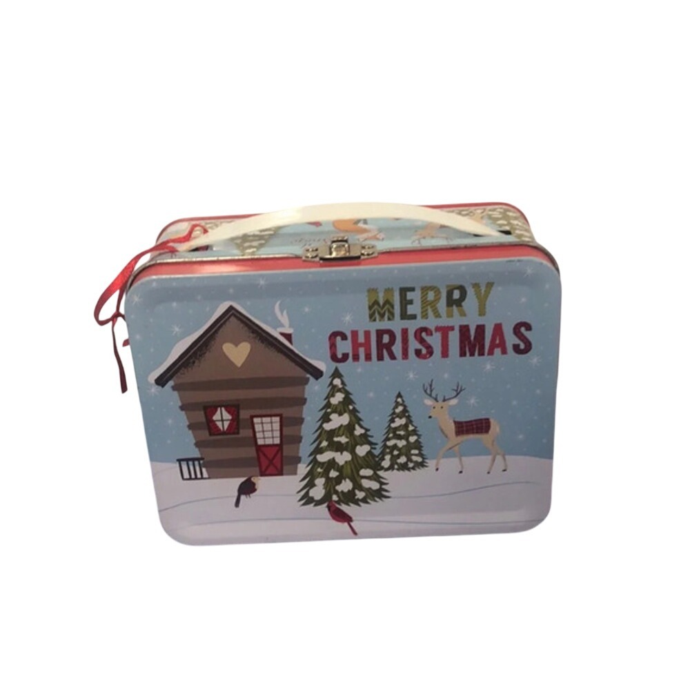 Merry Christmas Metal Tin Box Cabin Deer Holiday Storage Container‎ Decoration